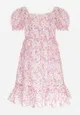 Różowa Sukienka Rozkloszowana w Kwiaty z Falbanką Minemone