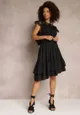 Czarna Rozkloszowana Sukienka Midi z Gumką w Talii i Koronkowym Dekoltem Panita