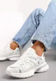 Beżowo-Białe Sznurowane Buty Sportowe na Płaskiej Podeszwie z Siateczką i Ozdobnymi Wstawkami Bellaraz