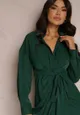Zielona Sukienka Koszulowa z Wiązanym Paskiem i Marszczeniem Odele