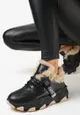 Czarne Ocieplane Sznurowane Sneakersy na Grubej Podeszwie z Ozdobnym Futerkiem Visha