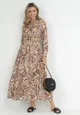 Brązowo-Beżowa Sukienka Maxi w Cętki z Gumą w Pasie i Plecionym Paskiem z Klamrą Anandra