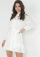 Biała Bawełniana Sukienka Koszulowa z Paskiem i Haftem Sioned