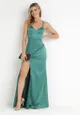 Zielona Satynowa Sukienka Maxi z Ukrytym Suwakiem na Cienkich Ramiączkach Jermela