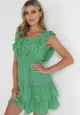 Zielona Rozkloszowana Sukienka z Cienkimi Gumkami w Pasie i Falbankami Raizela