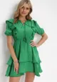 Zielona Rozkloszowana Sukienka Mini z Gumką w Talii i Koronkowymi Wstawkami Kiva
