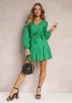 Zielona Rozkloszowana Sukienka Mini z Wiązaniem w Talii Evyna