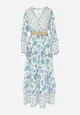 Niebiesko-Biała Sukienka w Kwiaty Rozkloszowana z Paskiem Hosifar