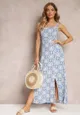 Niebieska Wiskozowa Sukienka Maxi w Kwiaty z Cienkimi Gumkami Janitza