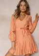 Pomarańczowa Rozkloszowana Sukienka Mini z Wiązaniem w Talii Evyna