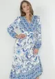 Niebieska Rozkloszowana Sukienka Maxi z Gumkami w Talii i Falbanką Apolla