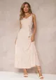 Beżowa Kwiecista Sukienka Maxi na Regulowanych Ramiączkach z Materiałowym Paskiem Phoebilu