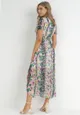 Beżowo-Zielona Sukienka Maxi z Asymetrycznym Dołem w Kwiaty Angla