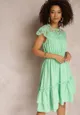 Zielona Rozkloszowana Sukienka Midi z Gumką w Talii i Koronkowym Dekoltem Panita