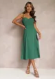 Zielona Rozkloszowana Sukienka Midi z Rozcięciem na Ramiączkach Josine