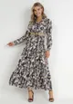 Granatowo-Beżowa Sukienka z Roślinnym Wzorem i Plecionym Paskiem Nouylas