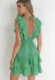 Zielona Rozkloszowana Sukienka z Cienkimi Gumkami w Pasie i Falbankami Raizela