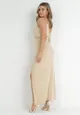 Beżowa Asymetryczna Sukienka Maxi na Jedno Ramię z Łańcuszkiem Przy Ramieniu Kesilli