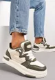 Zieloneo-Białe Sneakersy Ozdobione Wstawkami i Perforacją z Imitacji Skóry Cressia