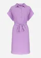 Fioletowa Koszulowa Sukienka z Krótkim Rękawem i Wiązaniem w Pasie Mistie
