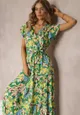 Zielona Rozkloszowana Sukienka Maxi w Kwiaty Moirane