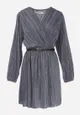 Granatowa Sukienka Plisowana z Paskiem i Metalicznym Efektem Nihie