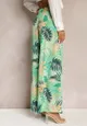 Zielone Długie Spodnie High Waist z Szerokimi Nogawkami i printem w Kwiaty Yusia