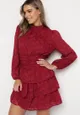 Czerwona Taliowana Sukienka Mini Koronkowa z Falbankami Ciluna