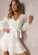 Biała Rozkloszowana Sukienka Mini z Wiązaniem w Talii Evyna