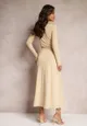 Beżowa Sukienka Kopertowa Wiązana w Pasie z Kołnierzykiem Vazhi