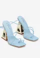 Niebieskie Sandały Wiązane na Rzemyki z Metalicznym Stożkowym Obcasem Lamata