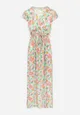 Jasnozielona Sukienka Kopertowa z Gumką w Pasie w Kwiaty Pive
