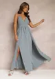 Szara Rozkloszowana Sukienka Maxi na Ramiączkach z Trójkątnym Dekoltem Claudi