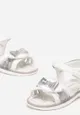 Srebrne Sandały z Rzepem Metalicznymi Wstawkami i Kokardką Idella