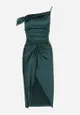 Zielona Sukienka Asymetryczna z Satyny Zdobiona Supełkiem Fano