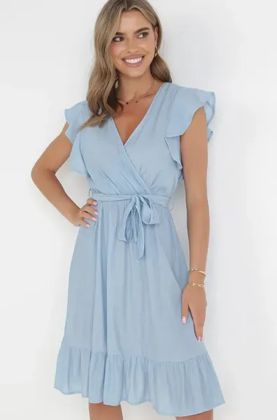 Niebieska Rozkloszowana Sukienka z Gumką w Pasie Pabelin